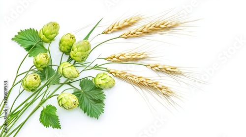 Fresh green hops or hop cone flowers and ripe golden wheat ears on white background. File contains clipping path.  photo