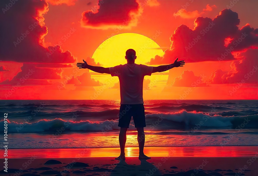 Fototapeta premium Man standing by the ocean at sunset Man embracing nature Arms outstretched