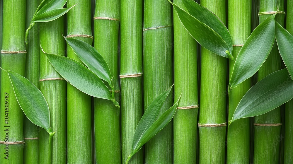 Fototapeta premium A close-up view of vibrant green bamboo stalks with leaves, showcasing the natural beauty and texture of this versatile plant.