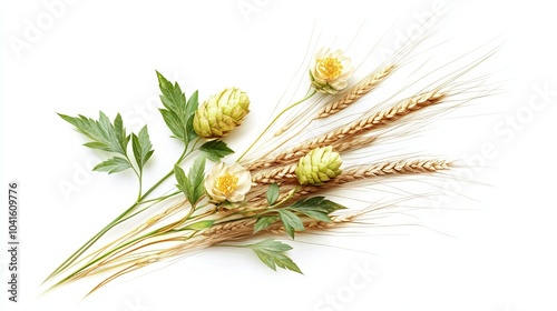 Fresh green hops or hop cone flowers and ripe golden wheat ears on white background. File contains clipping path.  photo