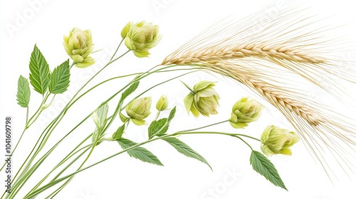 Fresh green hops or hop cone flowers and ripe golden wheat ears on white background. File contains clipping path.  photo