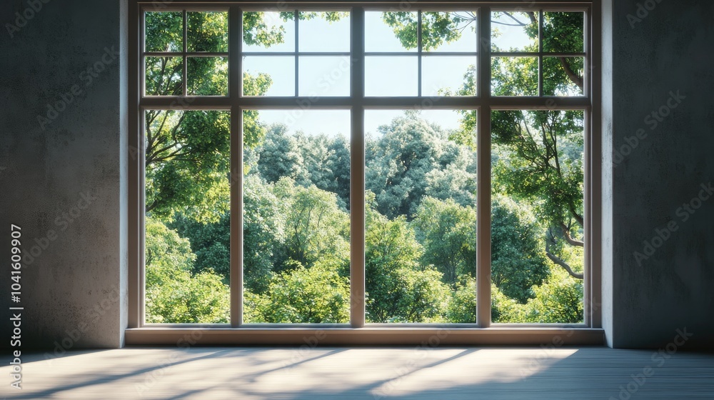 3D rendering of an apartment window with a view of a lush green forest and clear blue sky 3D rendering of an apartment window with a view of a lush green forest and clear blue sky