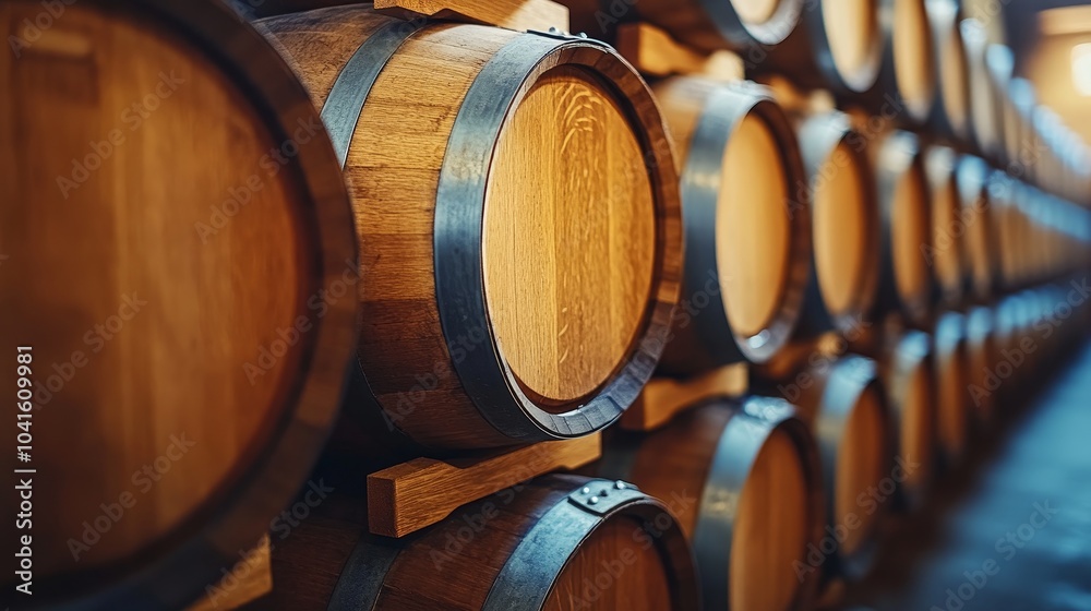 A close-up view of wooden barrels lined up in a dimly lit room, showcasing the craftsmanship and texture of the wood, perfect for beverage-related themes. A close-up view of wooden barrels lined up in a dimly lit room, showcasing the craftsmanship and texture of the wood, perfect for beverage-related themes.