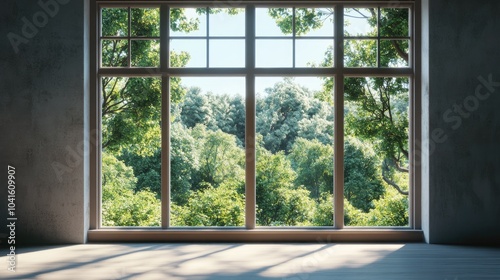 3D rendering of an apartment window with a view of a lush green forest and clear blue sky