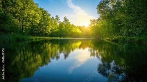 A tranquil landscape featuring a serene body of water surrounded by lush greenery