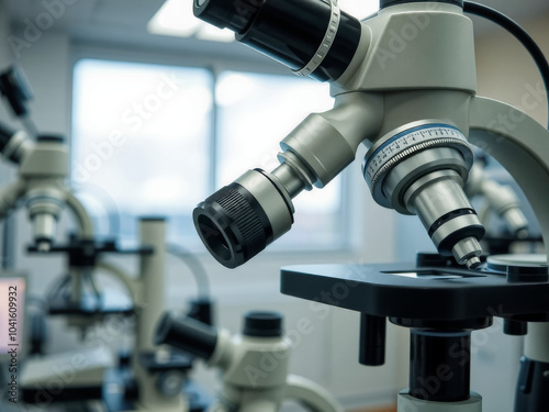 A group of microscopes are lined up on a table. The microscopes are all different sizes and shapes, but they all have a similar design. The scene is organized and professional