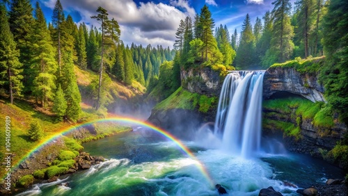 Beautiful rainbow reflected in the waters of Koosah Falls on the McKenzie River in Oregon Cascade mountains photo