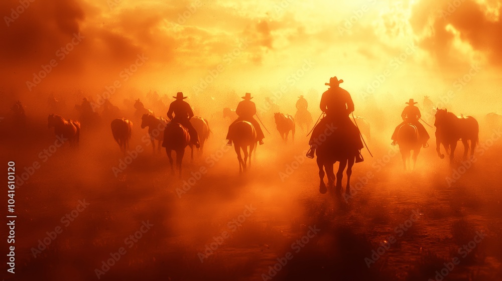 Fototapeta premium Pioneering the Wild West: Cowboys Leading Cattle in Cinematic Light