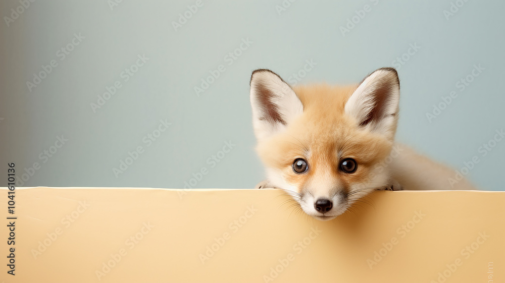Obraz premium fox peeks out, on a smooth background in the studio