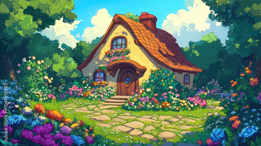 Obraz premium Isometric Cartoon Fantasy Village House Adorned with Flowers Components for Tileset Map Landscape Design or Game Object in Vibrant Detailed 2D Style