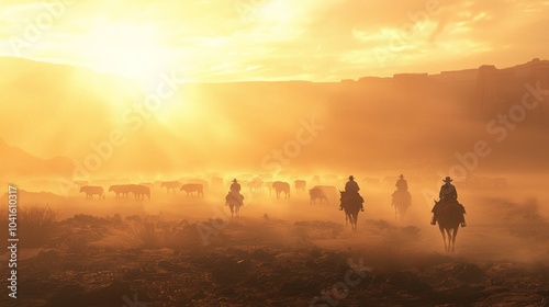 Epic Wild West Cattle Drive Adventure: Cowboys on Horseback Guiding Herd Across Dusty Plain Under Cinematic Light