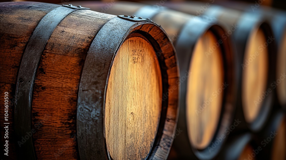 A close-up view of wooden barrels, showcasing their texture and craftsmanship, ideal for themes related to aging beverages. A close-up view of wooden barrels, showcasing their texture and craftsmanship, ideal for themes related to aging beverages.