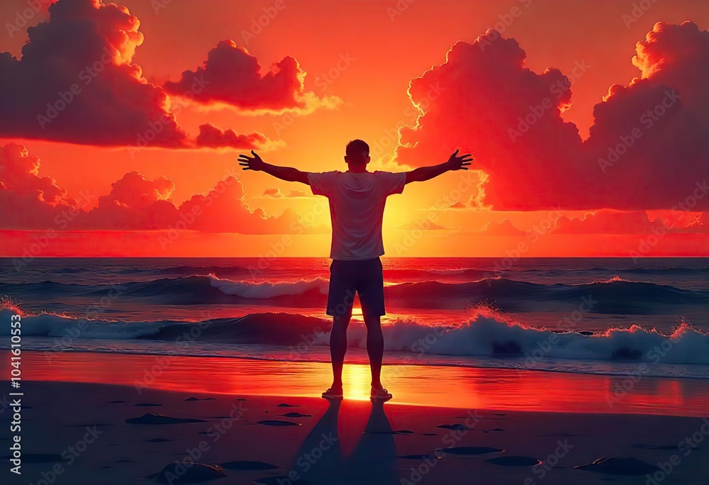Fototapeta premium Man standing by the ocean at sunset Man embracing nature Arms outstretched