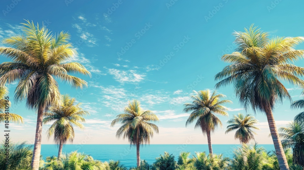 3D rendering of a vibrant coastal landscape with palm trees and clear blue skies