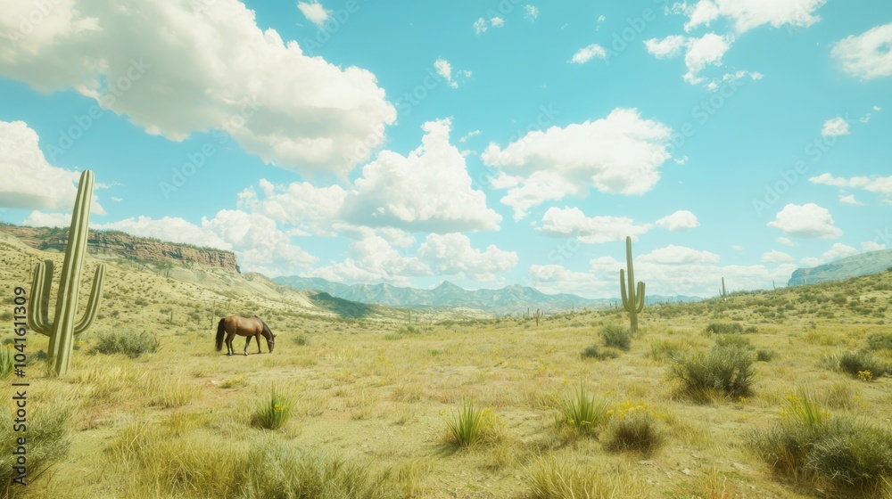 Fototapeta premium Tranquil Wild West Scene: Lone Horse Grazing in Cactus-Studded Landscape under Blue Sky with Fluffy Clouds, Cinematic Light