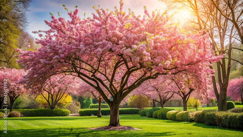 Blossoming cherry tree in ornamental garden Medium Shot Blossoming cherry tree in ornamental garden Medium Shot