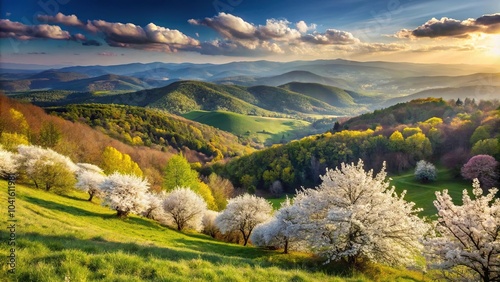 Fototapeta Naklejka Na Ścianę i Meble -  Blossoming flowers in the Polish mountains in springtime panorama