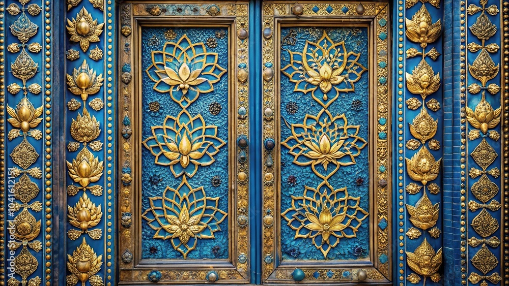 Blue and gold Indian temple door with intricate patterns and lotus flowers creating a mysterious atmosphere Blue and gold Indian temple door with intricate patterns and lotus flowers creating a mysterious atmosphere