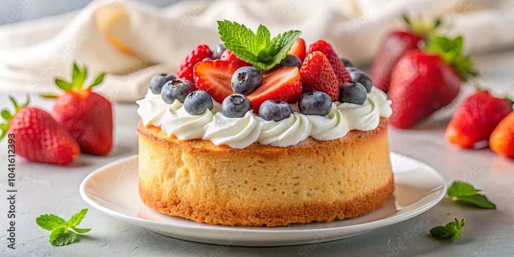 A delicate sponge cake topped with fluffy whipped cream, adorned with the vibrant hues of fresh strawberries and blueberries, a symphony of flavors and textures A delicate sponge cake topped with fluffy whipped cream, adorned with the vibrant hues of fresh strawberries and blueberries, a symphony of flavors and textures