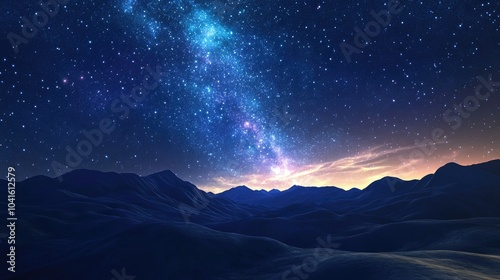 3D cartoon depiction of a colorful night landscape featuring mountains and the Milky Way with a starry sky and rolling hills in summer A beautiful space background showcasing the galaxy