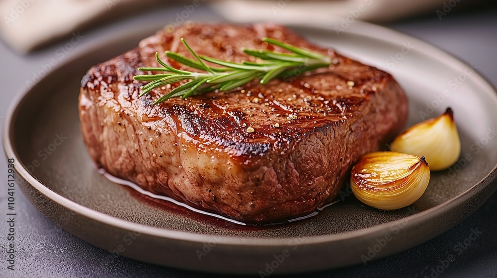 Savory grilled steak served on a plate with herbs and garlic, perfect for a gourmet meal or culinary presentation. Savory grilled steak served on a plate with herbs and garlic, perfect for a gourmet meal or culinary presentation.