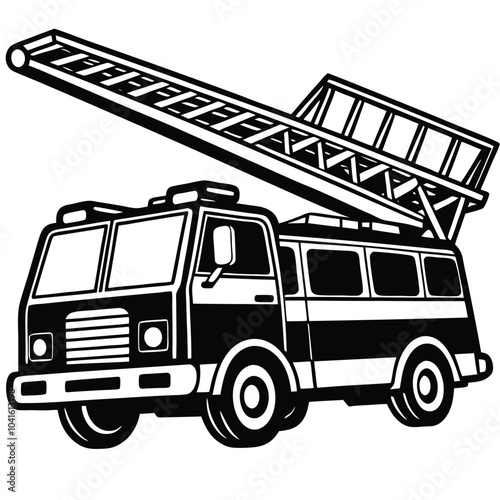 Firefighter Truck Ladder vector silhouette Illustration Isolated white background.