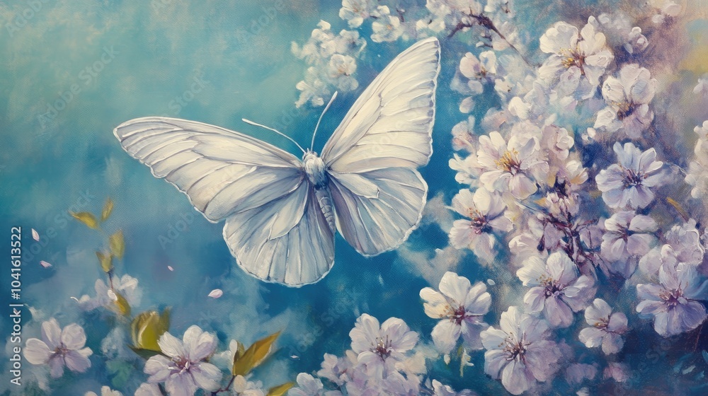 Oil painting of a graceful white butterfly in flight among flowers with a soft focus on cherry blossoms in spring set against a blue and lilac background capturing the essence of nature s beauty Oil painting of a graceful white butterfly in flight among flowers with a soft focus on cherry blossoms in spring set against a blue and lilac background capturing the essence of nature s beauty