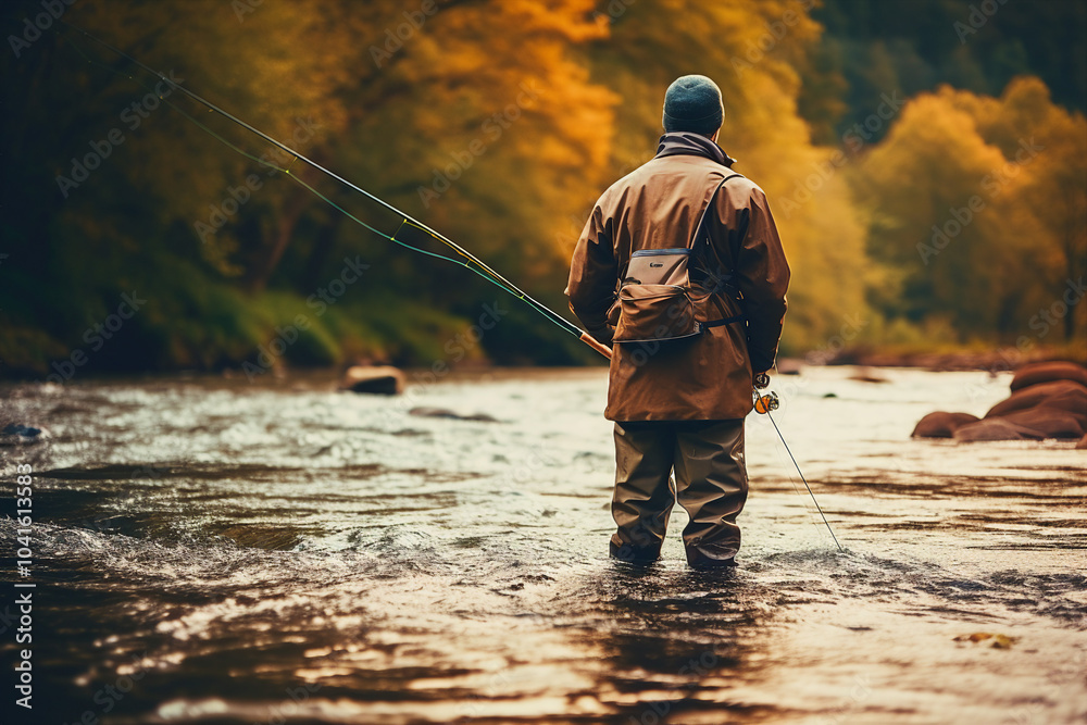 A man fishing in river image created with generative AI A man fishing in river image created with generative AI