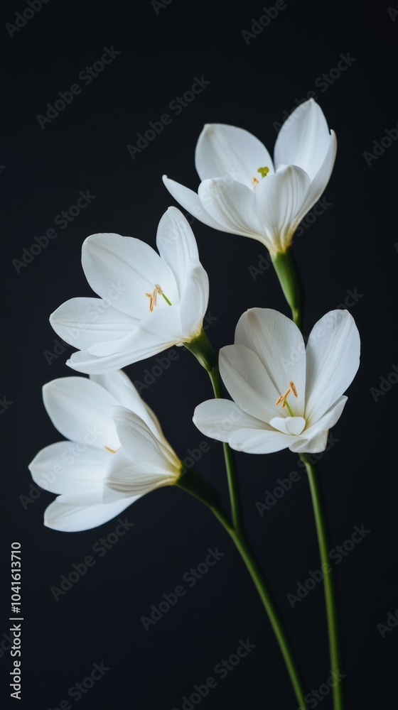 Obraz premium Five delicate white flowers blooming on long green stems against a black background, exuding freshness and natural beauty, capturing the essence of spring with intricate details up close