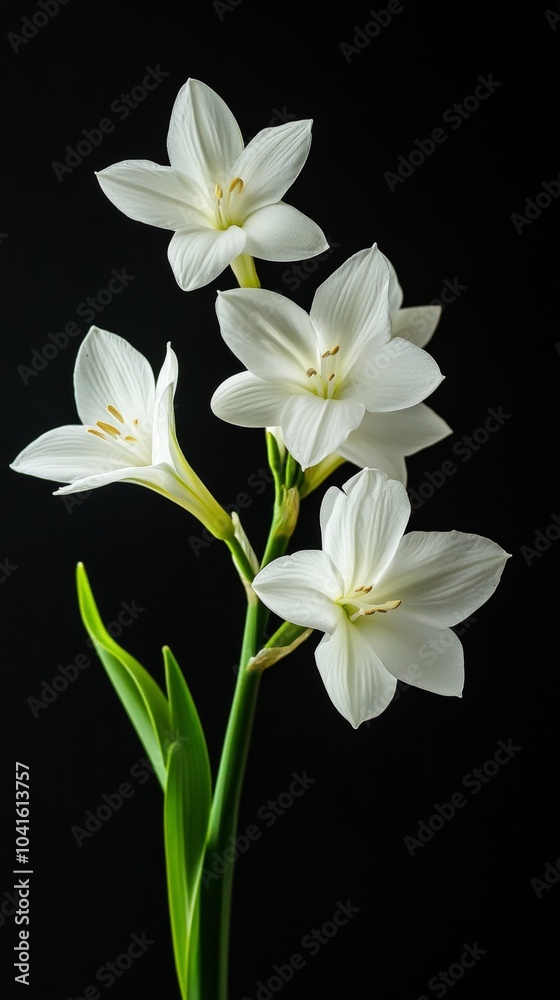Naklejka premium Four delicate white eucharis amazonica flowers bloom on a green stem against a black background, adding nature's beauty to the scene with fresh petals