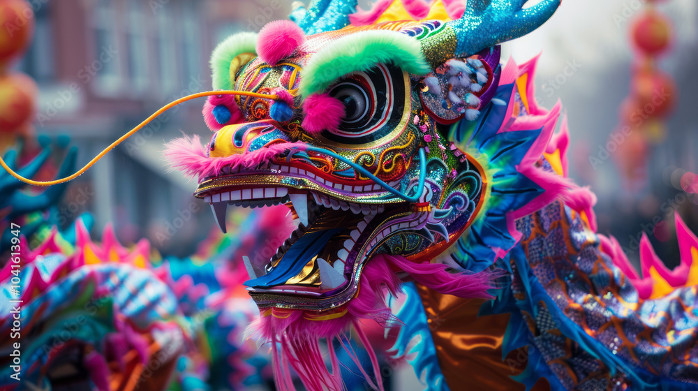 Obraz premium A festive dragon dance parade with colorful costumes