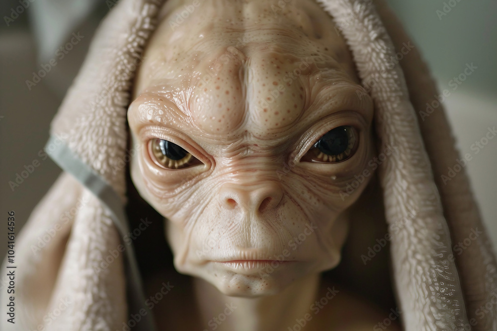 Fototapeta premium UFO space visitor alien on Earth living human life with everyday routine staff, Generative AI