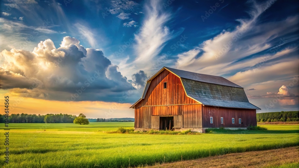 Barn in the background with a large field in front, showcasing a cool wallpaper with depth of field effect Barn in the background with a large field in front, showcasing a cool wallpaper with depth of field effect