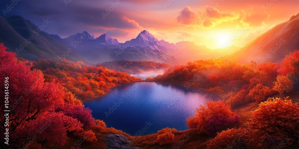 Autumn view of a serene lake surrounded by colorful foliage in a picturesque mountainous region, Tranquil lake with vibrant autumn foliage in a scenic mountain landscape Autumn view of a serene lake surrounded by colorful foliage in a picturesque mountainous region, Tranquil lake with vibrant autumn foliage in a scenic mountain landscape