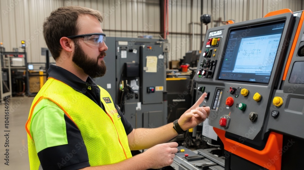 Technician in a manufacturing plant, programming a CNC machine while wearing a safety vest and glasses. Technician in a manufacturing plant, programming a CNC machine while wearing a safety vest and glasses.