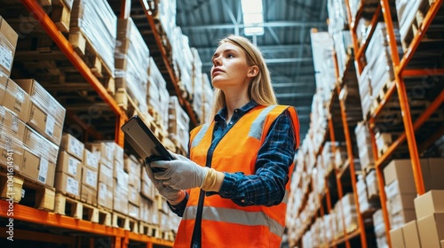 Warehouse worker scanning boxes with a barcode reader, dressed in a safety vest and gloves.