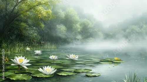 Oil painting depicting a serene lake with large water lilies showcasing the beauty of aquatic plants in a tranquil setting