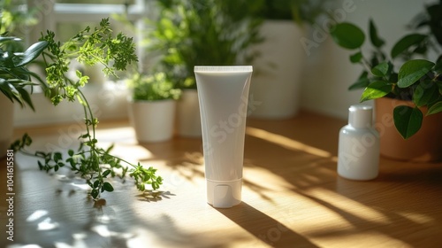 Hand cream smoothed in, wooden table under natural light, small glass bottle nearby, moisturizing, serene, and natural.