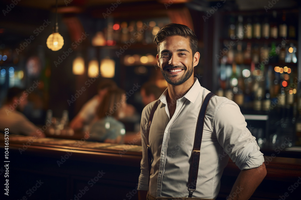 Fototapeta premium Classic bar pub with professional bartender barkeeper barman, Generative AI illustration photo