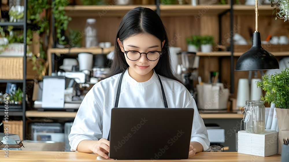 Fototapeta premium Focused young woman working on laptop in cozy coffee shop surrounded by greenery and stylish decor