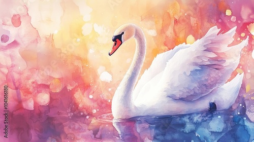Fototapeta Naklejka Na Ścianę i Meble -  Watercolor illustration of a swan against a colorful backdrop
