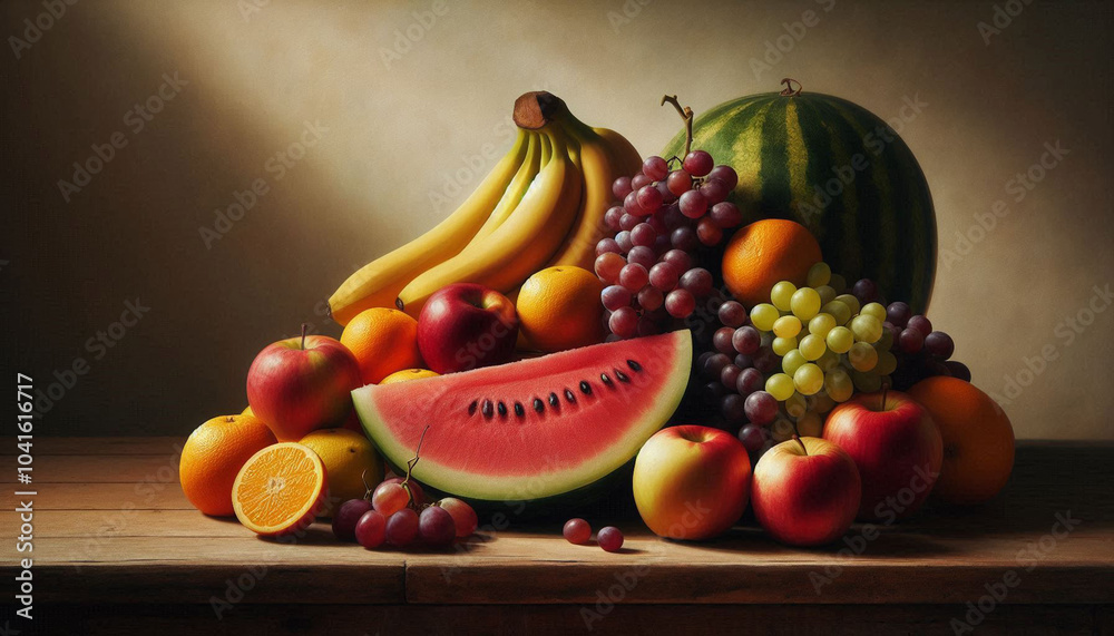 Bright bananas, deep red apples, juicy oranges, green and purple grapes, and sliced watermelon are arranged on a wooden table, illuminated by soft natural light against a neutral background. Bright bananas, deep red apples, juicy oranges, green and purple grapes, and sliced watermelon are arranged on a wooden table, illuminated by soft natural light against a neutral background.