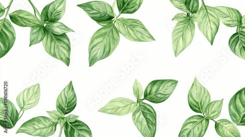 Green basil leaves illustrated against a white backdrop