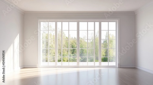 Empty living room with sliding glass doors and a floor on the right depicted in a 3D rendering