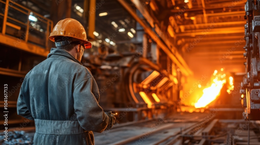 Industrial worker in a foundry handling molten metal with protective gear and heat-resistant gloves. Industrial worker in a foundry handling molten metal with protective gear and heat-resistant gloves.