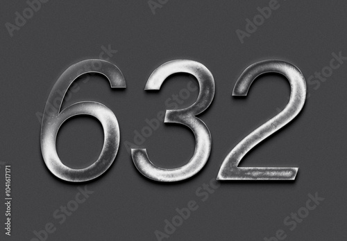 Chrome metal 3D number design of 632 on grey background.