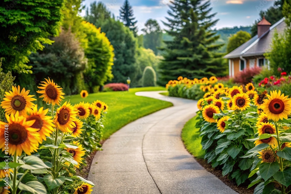 A winding driveway lined with a vibrant flower border featuring tall sunflowers, sunflowers, flower border, garden ornaments A winding driveway lined with a vibrant flower border featuring tall sunflowers, sunflowers, flower border, garden ornaments