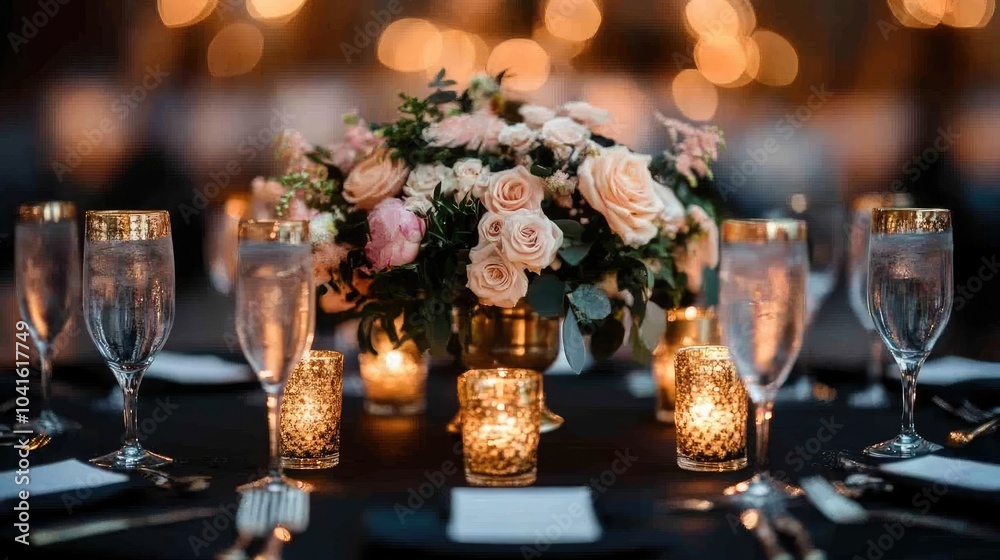 Glamorous indoor wedding with black and gold centerpieces, chic and opulent wedding theme, bold and sophisticated decor Glamorous indoor wedding with black and gold centerpieces, chic and opulent wedding theme, bold and sophisticated decor