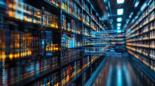 A computerized library with many books on the shelves. The books are in different colors and sizes