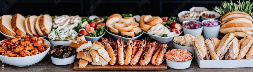 Lavish buffet station featuring seafood and artisan breads, wedding feast concept, high-end buffet arrangement with gourmet cuisine, wedding food inspiration Lavish buffet station featuring seafood and artisan breads, wedding feast concept, high-end buffet arrangement with gourmet cuisine, wedding food inspiration